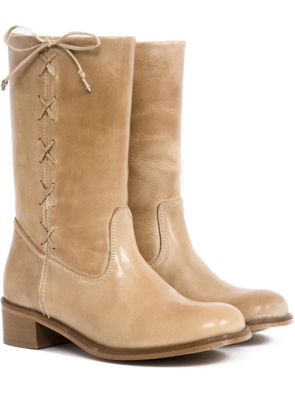 Women’s Banana Mid Calf Boots Chunky Block Heel Round Toe Boots Comfortable